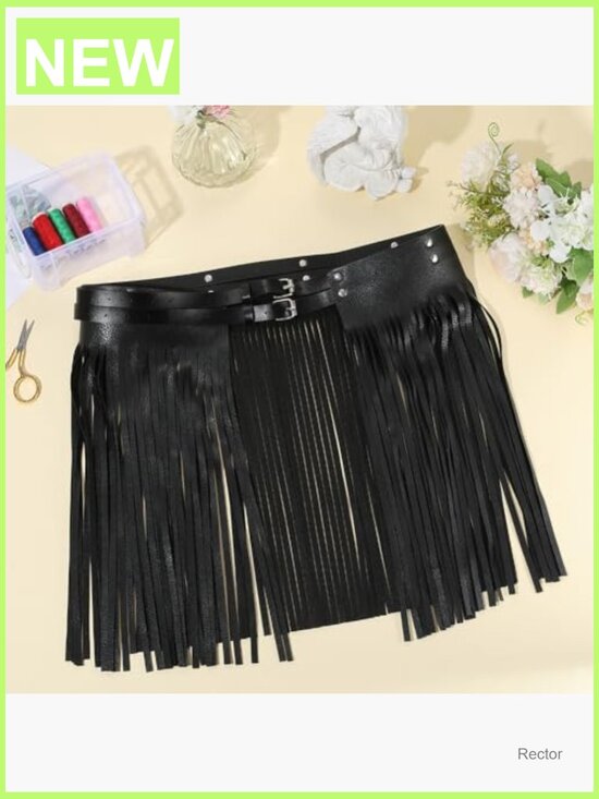 PU Leather Wide Tassel Waist Belt for Women Fringe Skirt Belt Vintage